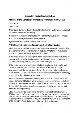 Minutes of the General Body MeetingPrimary (21-22)