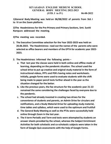 Minutes of the General Body Meeting Primary